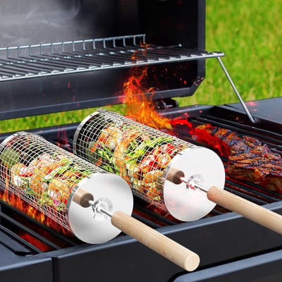 RVS 304 Grillmand met Afneembare Houten Handgreep – Opvouwbare BBQ Grillmand voor Groenten, Vlees en Barbecue – Geschikt voor Camping, Tuin en Buitenkeuken