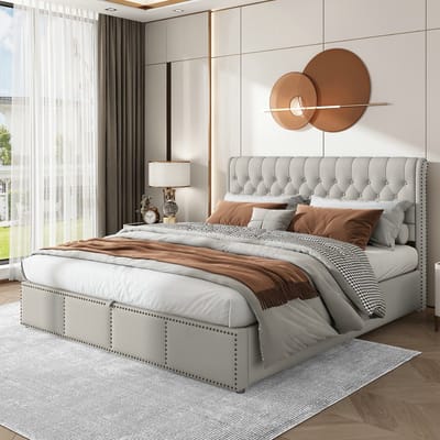 VVBV Gestoffeerd Opbergbed 180x200 cm met Hydraulische Opbergruimte - Linnen Lichtgrijs/Grijs - Zonder Matras
