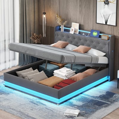 Wishdor Gestoffeerd Ledikant 160x200 cm – Meerkleurige LED – USB-Laadaansluiting – Hydraulische Opbergruimte – Linnenlook – Grijs