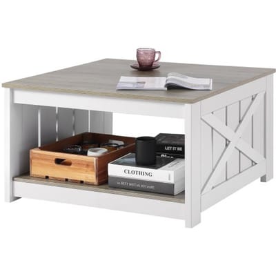 VEVOR salontafel in boerderijstijl, vierkante salontafel met open opbergruimte, draagvermogen 81,7 kg, rustieke houten cocktailtafel voor woonkamer, slaapkamer en studio (grijs + wit)