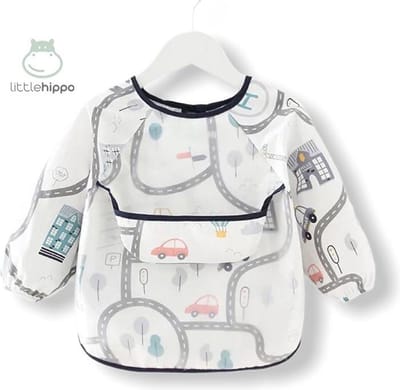 Kinderschort 'Roads' lange mouwen - Slab met mouwen - Slabbetje Little hippo - Waterproof - Knutselen - Kliederschort - 12 tot 36 mnd