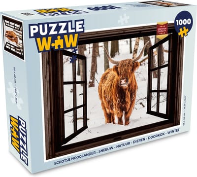Puzzel Schotse Hooglander - Sneeuw - Natuur - Dieren - Doorkijk - Winter - Legpuzzel - Puzzel 1000 stukjes volwassenen