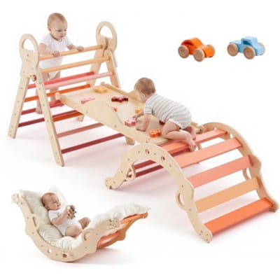 VEVOR Klimdriehoek, 9-in-1 klimspeelgoed met houten autootjes, kussen, klimdriehoek, glijbaan en klimboog, tot 68 kg, Montessori binnenspeelset voor kinderen van 1 tot 3 jaar, oranje