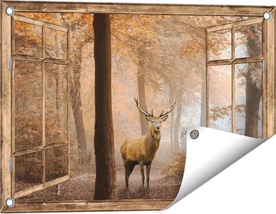 Gards Tuinposter Doorkijk Hert in het Bos - Herfst - 60x40 cm - Tuindoek - Tuindecoratie - Wanddecoratie buiten - Tuinschilderij