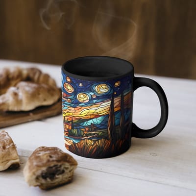 Magische Mok - Foto op Warmte Mokken - Koffiemok - Hemel - Sterren - Mozaïek - Huizen - Magic Mok - Beker - 350 ML - Theemok