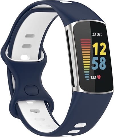 By Qubix - Compatible Fitbit bandje - Geschikt voor Fitbit Charge 5 - Fitbit Charge 6 Sportbandje met dubbele lus - Donkerblauw / wit - Tweekleurig - Maat: L - Horlogeband - smartwatchbandje