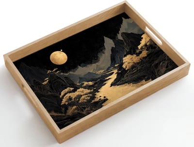 Dienblad hout 50x35 cm - Schootdienblad - Gouden rivier - Bergen - Maan - Sterrenhemel - Borrelplank rechthoek - Plateau dienbladen
