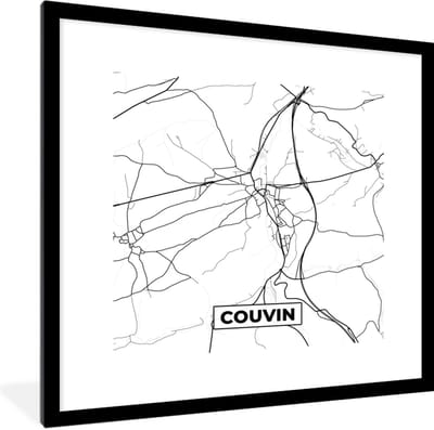 Fotolijst incl. Poster Zwart Wit- Plattegrond – Couvin – Zwart Wit – Stadskaart - België - Kaart - 40x40 cm - Posterlijst