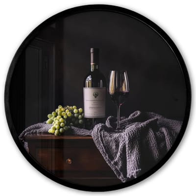 Poster in lijst Rond - Fotolijst 40x40 cm - Posters - Druiven - Wijn - Rood - Tafel - Ronde posterlijst zwart - Decoratie - Wanddecoratie woonkamer - Muurdecoratie slaapkamer