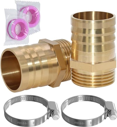2-delige messing slangaansluiting 1 inch AG met 32mm uitloop, inclusief 2 slangklemmen en Teflon tape voor waterdichte verbindingen