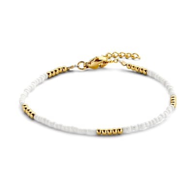 CO88 Collection 8CB-90906 Stalen Armband - Dames - kralen - 16,5 + 3 cm - Staal - Wit - 2 en 3 mm - Goudkleurig