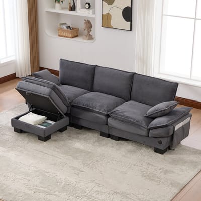 Modulaire 3-zits corduroy bank (met 1 poef) – brede zitting, ergonomisch ontwerp, vulling van schuim met hoge dichtheid, USB-C-poort en zijvakken. Ideaal voor de woonkamer, kantoor of lounge. Donkergrijs
