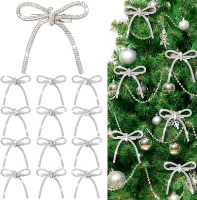 12 stuks 3,2''x2,8'' zilveren glitter kerststrikken ornamenten met clip metalen glanzende kerstboomversieringen strikken voor krans guirlande kerstfeestdecoraties bruiloft babyshower huis binnen buiten