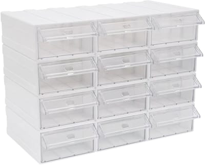 12-delige stapelbare lade-opbergkast – Voor studeerkamers en kantoren – Kunststof lade-organizer met meerdere trays – Stapelbare opbergbox – Wit