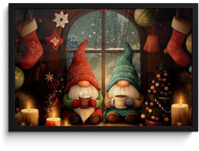 Poster in lijst - Fotolijst 60x40 cm - Posters - Gnooms - Kerst - Raam - Kleurrijk - Posterlijst zwart - Decoratie - Wanddecoratie woonkamer - Muurdecoratie slaapkamer - Kerstversiering - Kerstdecoratie voor binnen - Kerstmis