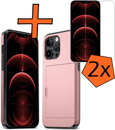 Hoesje Geschikt voor iPhone 14 Pro Max Hoesje Pasjeshouder Shockproof Hard Case Met 2x Screenprotector - Hoesje Geschikt voor iPhone 14 Pro Max Hoes Met Kaarthouder - Rosé goud