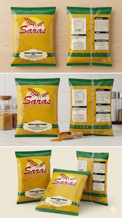 Saras Flavours of Asia: Mild Madras Currypoeder - Authentieke Indiase Specerijenmix voor Curry en Marinades - 1 kg Grootverpakking - Geschikt voor Vegetariërs - Premium Kwaliteit Uit India Met Kajal Sticker