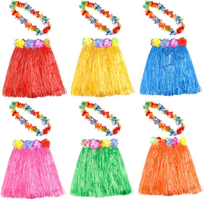 Dailygoods- Hula Rok Set - 12 Stuks - Hawaiiaanse Gras - Bloem Leis Ketting - Tropische Feestdecoratie - Jungle/Safari Thema - Compleet en Betaalbaar