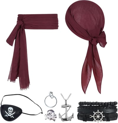 Set van 7 Piraten Kostuum Accessoires: Bandana, Riem, Ketting, Oorbellen, Ring, Armband en Blinddoek voor Halloween, Carnaval en Themapartijen