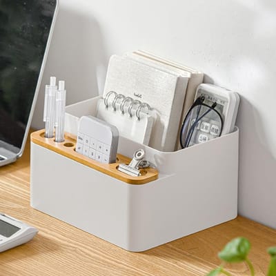 Dailygoods- Opbergdoos Stijlvol - Bureau Organizer - 4 Vakken - Kunststof/Bamboe - 18 x 16 x 10 cm - Voor Kantoor/Kaptafel