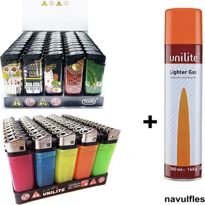 Aanstekers 100 stuks + gasfles - vuursteen en klik aanstekers - Unilite