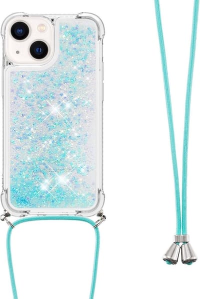 Coverup Hoesje - Geschikt voor iPhone 14 Hoesje - Coverup Liquid Glitter Back Cover met Koord - Lichtblauw