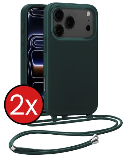 Hoesje Geschikt voor iPhone 17 Pro / 18 Pro Hoesje Siliconen Case Met Koord - Hoes Geschikt voor iPhone 17 Pro / 18 Pro Hoesje Backcover Met Telefoonkoord - Donkergroen - 2 PACK