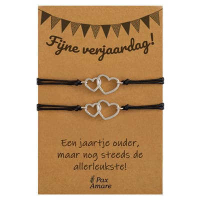 Vriendschapsarmbandjes voor 2 "Fijne Verjaardag" - Verbonden Hartjes - BFF Armbandjes met Persoonlijk Cadeau Kaartje - Zilverkleurig - Elastisch Verstelbaar - Pax Amare