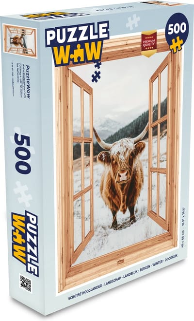 Puzzel Schotse Hooglander - Landschap - Landelijk - Bergen - Winter - Doorkijk - Legpuzzel - Puzzel 500 stukjes