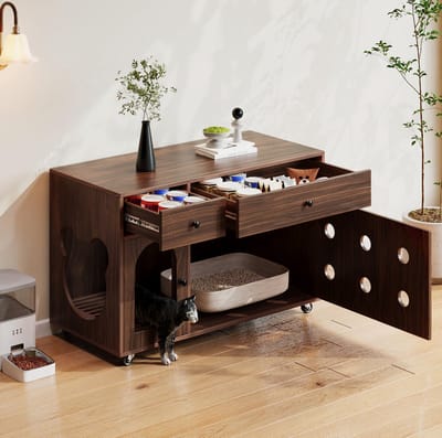 MIVRAY Kattenbakcontainer - Verborgen Kattenbakmeubel Met Lades En Ventilatie - Voor Woonkamer Of Hoek - Walnootkleur - 100x45x66 Cm