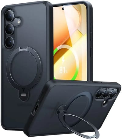 TORRAS UPro Ostand Spin Hoesje Geschikt voor Samsung Galaxy S25 Plus - Compatibel met MagSafe / Qi2 - 360° Draaibare Magnetische Standaard - Back Cover Kickstand Ring - Zwart