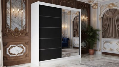 Kledingkast met Spiegel – Casa Velluto DuoSlide 180 cm Schuifdeurkast Wit/Zwart – Garderobekast met 5 Legplanken en Kledingstang – Moderne Slaapkamerkast Scandinavisch Design – 180x215x58 cm