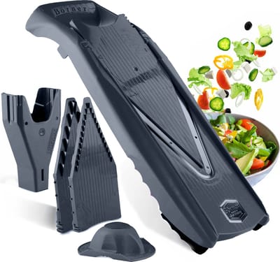 Börner Mandoline V5 PowerLine - Inclusief Opbergbox - 6-delige set - 7 snijdiktes - Geschikt als Frietsnijder, Julienne, Brunoise - BPA-vrij en Roestvrij - Grijs