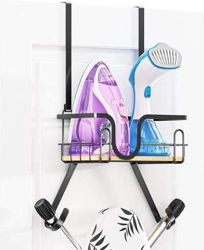 Candala Houder voor strijkplank boven de deur, Wandhouder voor strijkplank, Hanger voor strijkijzer en strijkplank in de wasruimte, Opslaghouder voor strijkplank met mand (T- en V-vormig)
