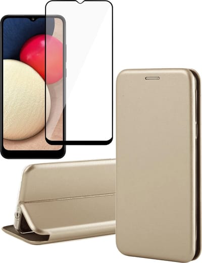Hoesje geschikt voor Samsung Galaxy A02s - Screen Protector FullGuard - Book Case Kunstleer ThinShield Goud & Screenprotector