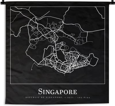 Wandkleed - Wanddoek - Singapore - Kaart - Plattegrond - Stadskaart - 180x180 cm - Wandtapijt