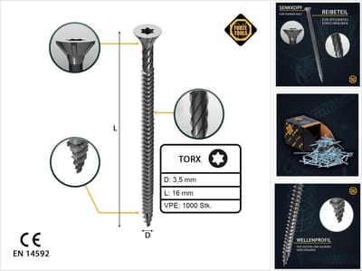 FORTE Tools universele houtschroef 3,5 x 16 mm T15 1000 stuks ( 2x 000040113860 ) zilver verzinkt Torx verzonken kop volledig schroefdraad
