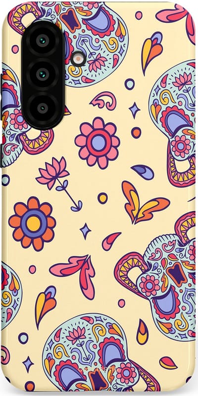 Casetastic hoesje geschikt voor Samsung Galaxy A36 / Samsung Galaxy A56 - Dubbellaagse bescherming - Dia de los Muertos Doodshoofd Bloemen - Fashion Case - Crème Lila Zilver