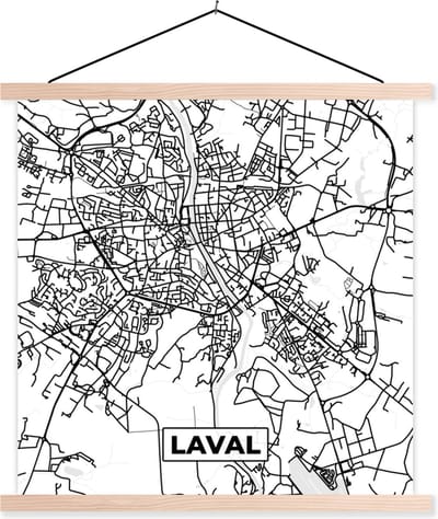 Posterhanger incl. Poster 40x40 cm - Schoolplaat - Kaart - Laval - Stadskaart - Frankrijk - Plattegrond - Zwart wit - Textielposter - Blanke latten - Stadskaart
