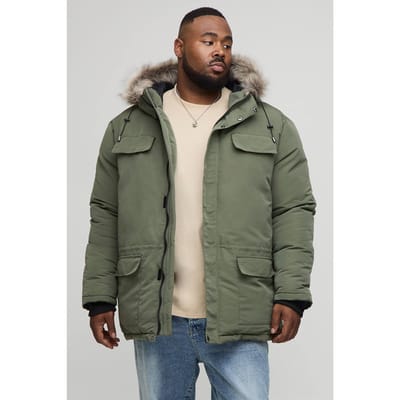 Plus Faux Fur Hooded Arctic Parka Jacket in Black | Khaki | Size 2XL