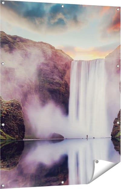 Gards Tuinposter Waterval met een Weerspiegeling in het Water - 90x120 cm - Tuindoek - Tuindecoratie - Wanddecoratie buiten - Tuinschilderij