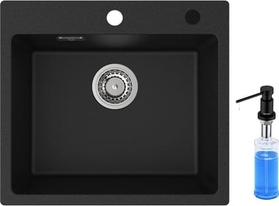 CECIPA max Spoelbak Zwart 50x45CM - Spoelbak Met Zeepdispenser(300ML) - Graniet Spoelbakken Keuken - Enkele Spoelbak - Spoelbakken Incl. Sifon en Afvoerzeefje