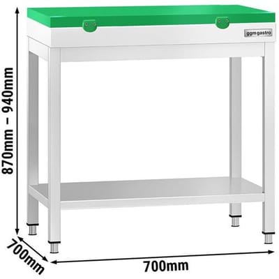 GGM Gastro Edelstahl Arbeitstisch PREMIUM - 700x700mm - mit Grundboden - inkl. Schneideplatte Grün