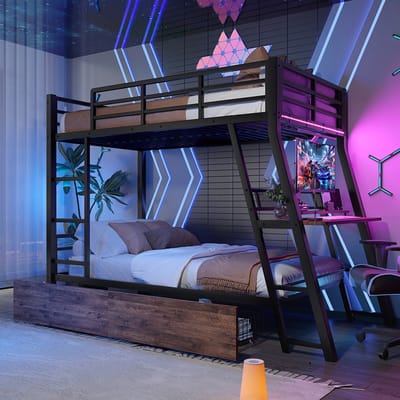 Pugsdrly Hoogslaper, 90 x 200 cm, ijzeren frame, ledstrip, lades, leuning, trap, bureau, zonder matras, zwart