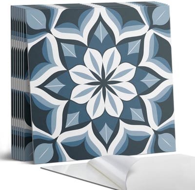 Coloray Plaktegels - Bloemmotief in symmetrie Portugese Tegels - 30 cm x 30 cm - Blauw Plaktegels - 9 stuks - Vierkant PVC Tegels - Plaktegels Keuken - Zelfklevende Vloertegels - Vinyl Tegels Zelfklevend - Zelfklevende Tegels