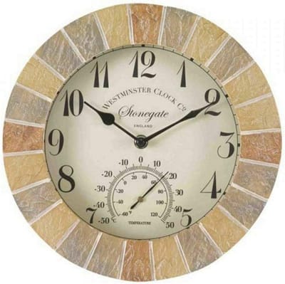 Stijlvolle Buitenklok met Thermometer in Zandsteen Look, 25cm