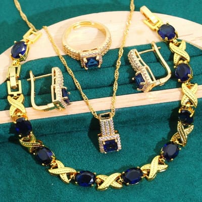 Bestverkochte sieraden in Europa en de Verenigde Staten: AAA zirkonia armband, ketting, oorbellen, open ring, gouden sieradenset blue