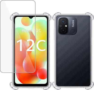 Hoesje + Screenprotector geschikt voor Xiaomi Redmi 12C – Tempered Glass - Extreme Shock Case Transparant