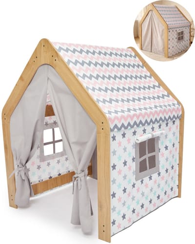 Minera® Tipi Tent - Speeltent - Meisjes - Binnen Speelgoed - Speelhuisje voor Kinderen - Houten Kinderhuisje - Kindertent vanaf 1 tot 7 Jaar - Wit met Roze