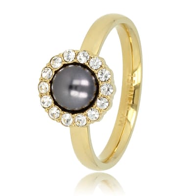 My Bendel - Goudkleurige Ring met Zwarte Parel en Zirkonia Stenen - Goudkleurige Ring - Zwarte Parel - Zirkonia Steentjes - met Luxe Cadeauverpakking | Sieraden Voor Dames | Maat 16.00 Mm / Maat 50